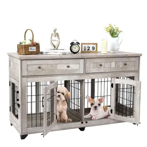 GARVEE Large Dog Crate Furniture, 58”Double Dog Kennel Furniture With 2 Drawers and Removable Divider, Heavy Duty Wood Dog Crate End Table for 2 Dogs Indoor