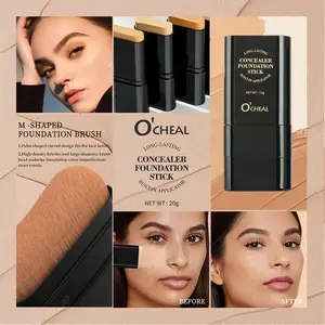 Powder Tinted Foundation Stick with Brush, Concealer Foundation Hybrid, Quick Easy Application, Perfect for Beginners, Office Commute Makeup, Halloween & Christmas