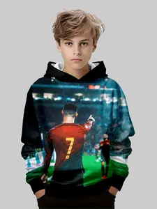Boys' Football Star Graphic Team Hoodie, Casual Fitted Long Sleeve Sweatshirt, Spring Fall Winter Outdoor Wear, Random Print, Comfortable Loose Fit