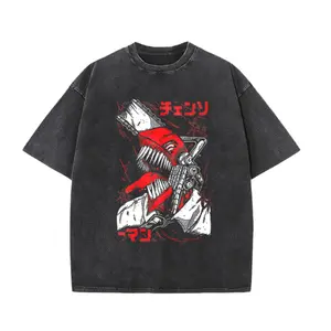 Vintage Washed Black Unisex T-Shirt – Intense Chainsaw Character & Japanese Text Graphic, Oversized Fit for Outdoor Streetwear & Edgy Aesthetic