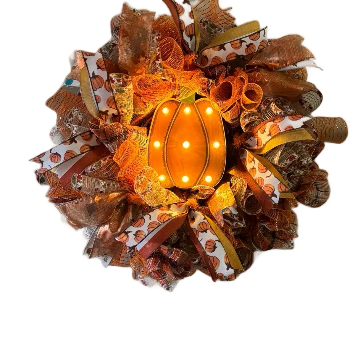 Festive Pumpkin Wreath with LED Lights - Perfect for Home and Garden Decorations