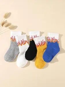 5 Pairs Spring & Fall Flame Pattern Socks, Comfortable Breathable Outdoor Wear, Cute Design, All-Season Use
