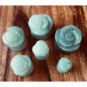 PAIR of Carved Green Aventurine Stone Rose Flower Double Flare Plugs