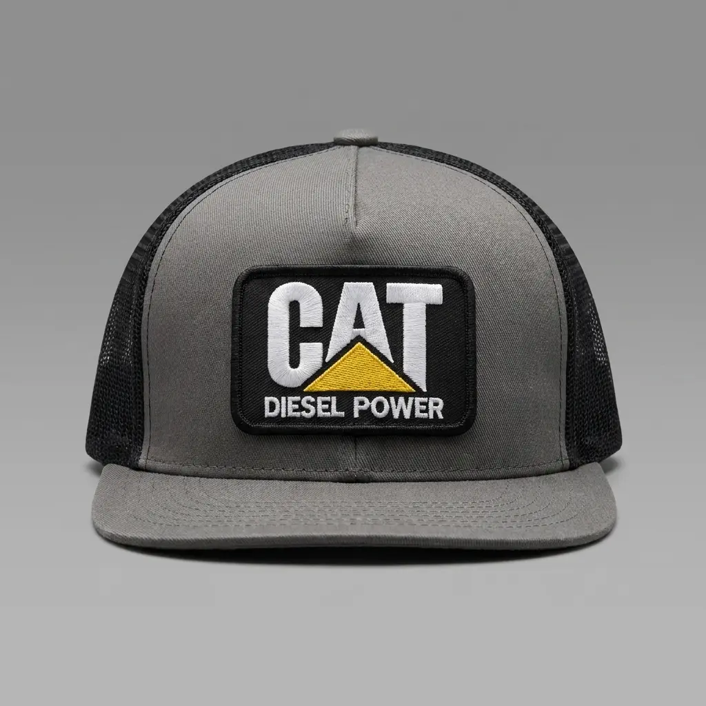 Diesel Power Trucker Hat Grey and Black Mesh Back Snapback Hat Caterpillar Construction Logo Patch Cap Adjustable Outdoor Work Hat Heavy Equipment Fan Gear Gift for Truckers and Mechanics High Crown Flat Brim Industrial Style Hat