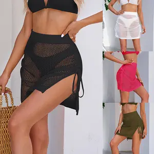 New European and American style sexy bodycon skirt with hollow-out design, see-through short skirt, drawstring slit skirt for women in summer