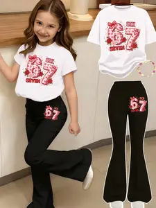 Girls' Valentine Print 2-Piece Set, Casual Sporty Short Sleeve & Bell Bottoms, Comfortable Elastic Waist Pants, Spring Summer, Fashion Clothes Set