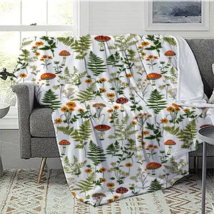 【 Plants 】 1 mushroom and leaf combination pattern blanket, featuring colorful mushrooms and plants with various leaf styles combined together; Suitable for air conditioning nap blanket, office blanket, camping blanket, gravity throw blanket, sofa towel,