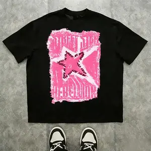 Men’s dark street‑style pink star distressed brushstroke Y2K graphic 100% cotton T‑shirt. TikTok 2025 trend—loose oversize urban punk streetwear casual short sleeve tee