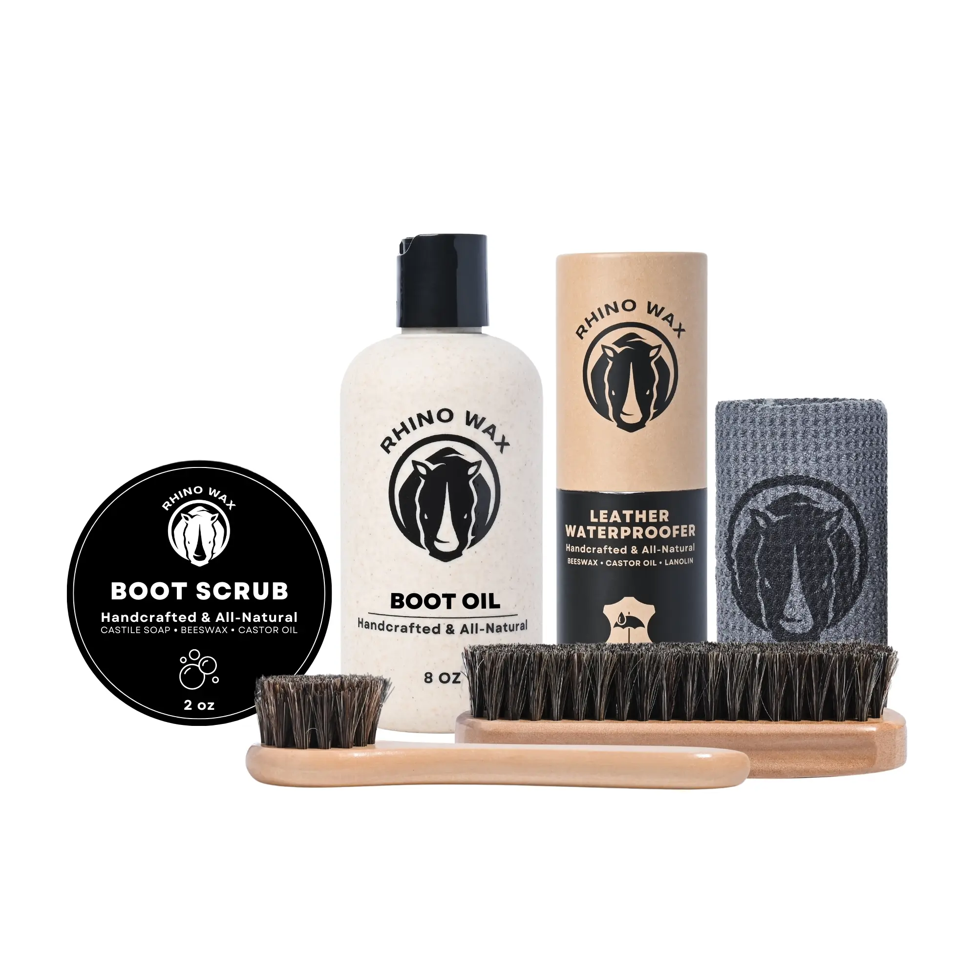 Rhino Wax - Cowboy Boot Cleaning & Conditioning Kit (6 Pcs) -Leather Boot Oil + Waterproofing Wax + Boot Scrub + Brushes + Microfiber Cloth to clean, hydrate and protect