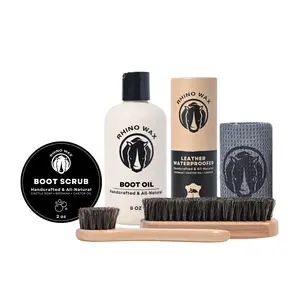 Rhino Wax - Cowboy Boot Clearning & Conditioning Kit (6 Pcs) -Leather Boot Oil + Waterproofing Wax + Boot Scrub + Brushes + Microfiber Cloth to clean, hydrate and protect
