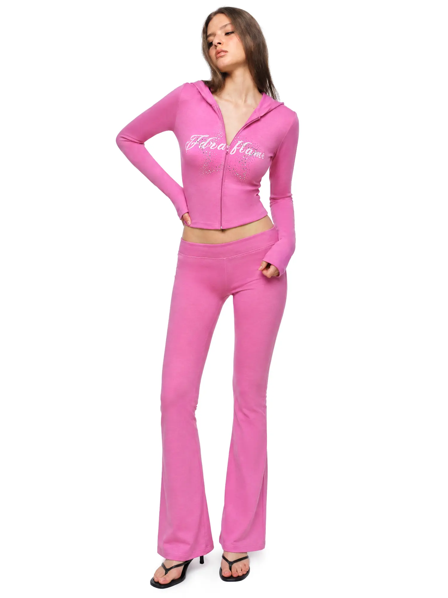 FDR Women’s Cropped Zip Hoodie & Flare Pants Set, Stretch Fabric Two-Piece Outfit with Letter Print and Rhinestone Star Accents Casual Streetwear Look for Everyday Styling
