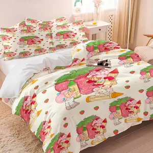 Vintage Strawberry Girl Cartoon 3-Piece Duvet Cover Set, Ultra-Soft Microfiber Bedding with 2 Pillowcases, Cute Kawaii Style Bedding for Kids Girls Bedroom Dorm Decor