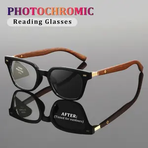 Automatic color-changing reading glasses for presbyopia, wood grain frame, transition lenses, UV protection, reading glasses