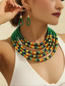 Fluo Boho Necklace & Earrings Set, Bohemian Jewelry Set, Metal Chain Design, Colorblock Pattern, Ideal for Party Wedding Travel Events, Versatile Accessory, Bohemian Vibe