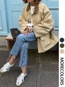 Autumn Winter New European Style Women's Retro Casual Loose Colorblock Corduroy Lapel Windbreaker Coat, Slim-Fit Woven Fabric Jacket