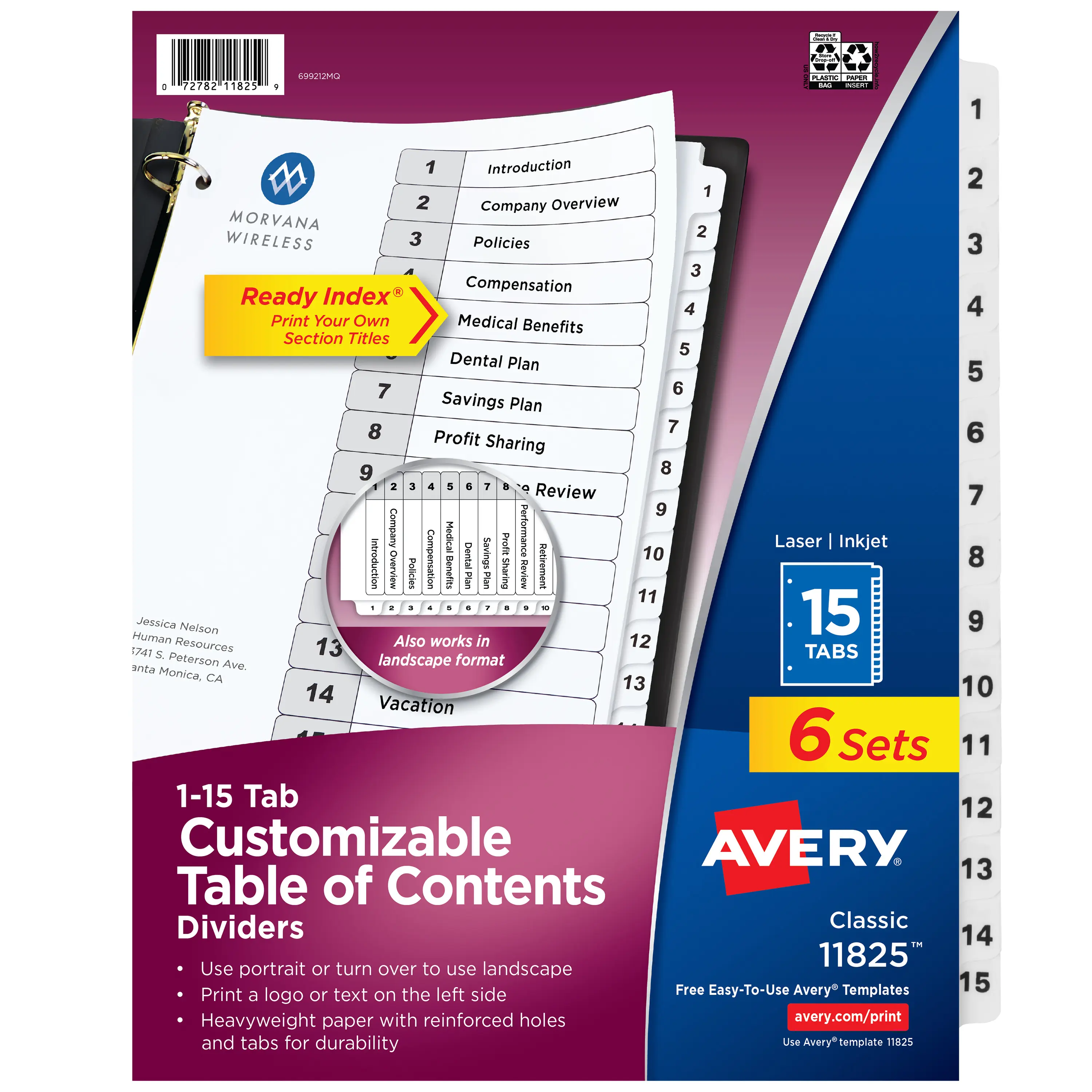 Avery Dividers for 3 Ring Binders, 15 Tabs per Set, Customizable Table of Contents, Classic White Tabs (6 Sets of 11825)