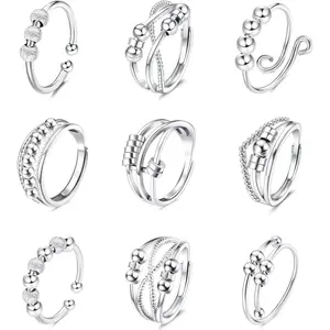 YADOCA 9Pcs Anti Anxiety Rings For Women Men Fidget Band Rings Set For Anxiety Unisex Adjustable Stacking Spinner Worry Stress Relief Ring With Beads