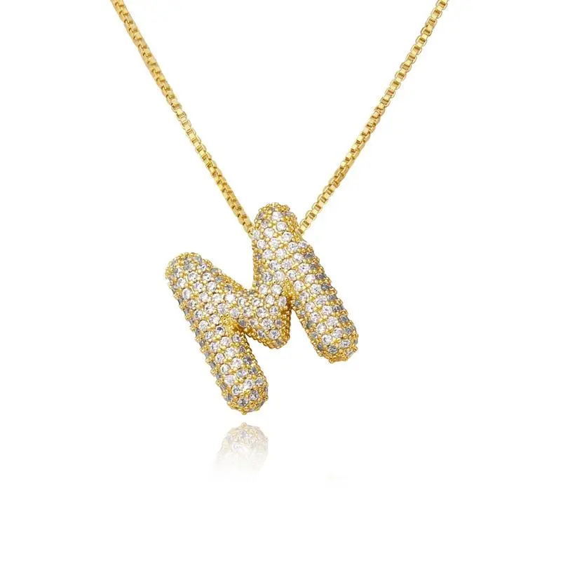 Women's Female Bubble Letter Necklace, Rhinestone Chunky Puff Initial Pendant, Non-Tarnish Plated Alphabet Charm, Birthday Gift