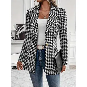 Women's Houndstooth Print Open Front Blazer, Casual Long Sleeve Outerwear for Work Office Business, Ladies Clothes for All Seasons, Womenswear