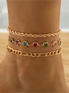 3-piece Fashionable Metal Chain, Colorful Crystal, Heart-shaped Ankle Chain, Simple and Versatile, Elegant and Feminine, Vacation Party, Personalized Layered Anklet Set