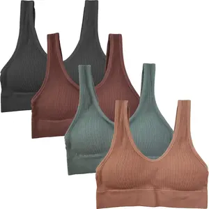 Kalon 4 Pack Ribbed Bras for Women Nylon Spandex Comfort Crop Everyday Underwear