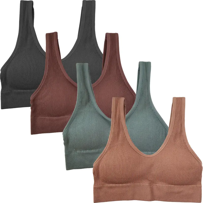 Kalon Women's 4-Pack Ribbed Padded Crop Top Everyday Bras - Nylon Spandex Thick Fabric Underwear Bodice, Comfy Smooth Scoop Neck Basic, XXS, Padded Everyday Bra