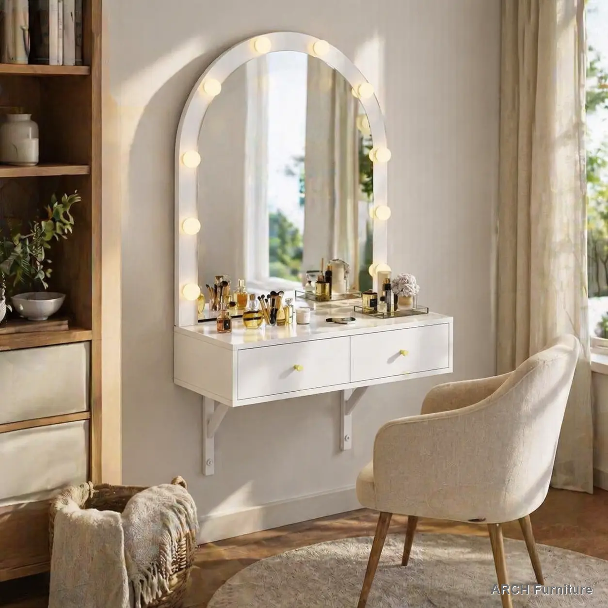 Modern Illuminated Color-Tuned Makeup Vanity Set with Lights, Wall-Mounted Floating Desk with Mirror, 3-Color Lights, Power Outlet, Large Storage, Compact White Space-Saving Furniture for Bedroom, Bathroom, Vanity With Lights