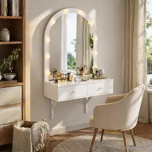 ARCH Modern Illuminated Color-Tuned Makeup Vanity Set with Lights, Wall-Mounted Floating Desk with Mirror, 3-Color Lights, Power Outlet, Large Storage, Compact White Space-Saving Furniture for Bedroom, Bathroom, Vanity With Lights
