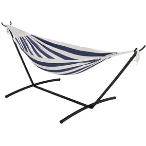 Double Hammock with Steel Stand for Outside, Portable Space Saving, for Indoor Outdoor Patio w/Carrying Bag, 450 lbs Capacity - Blue&White Stripes