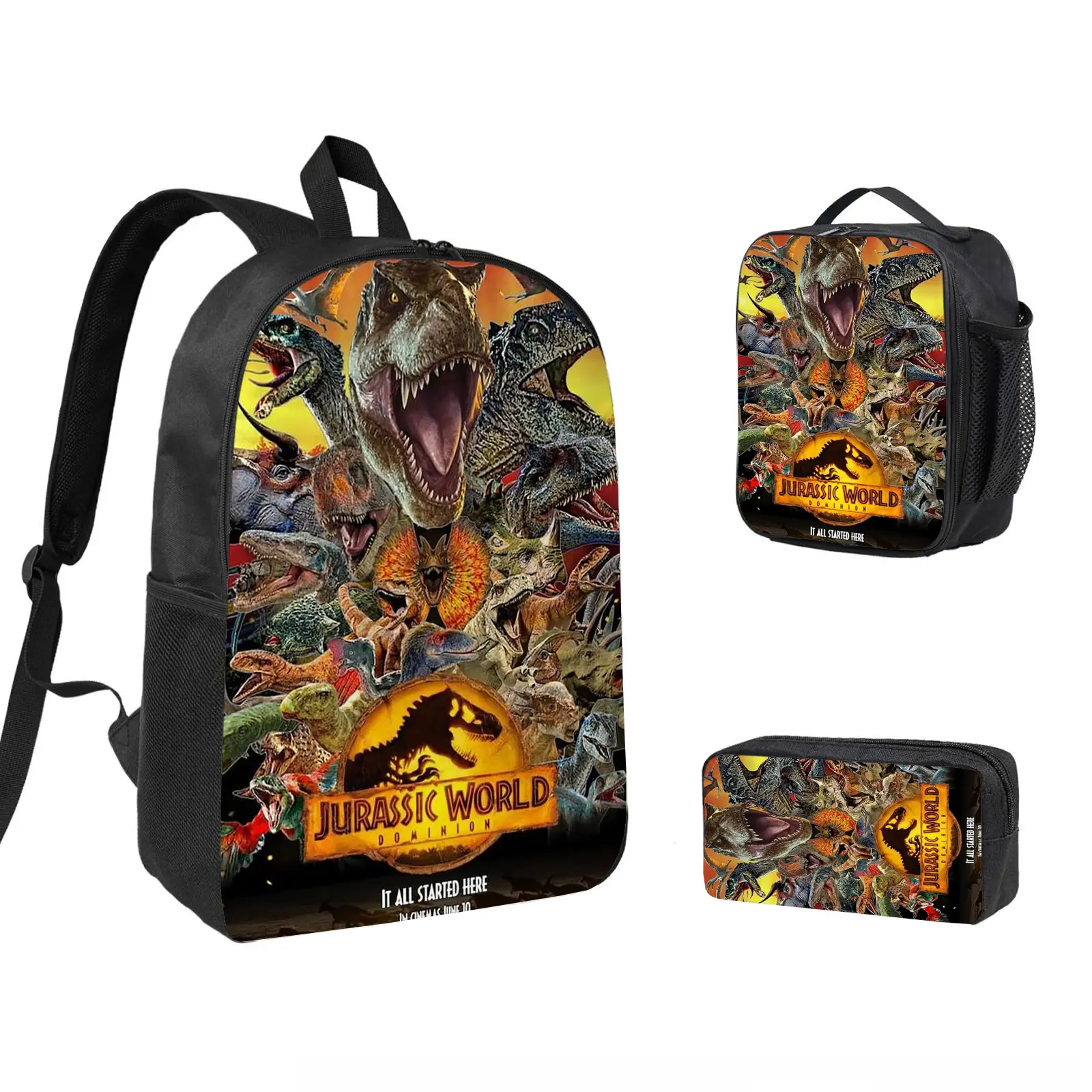 Jurassic Park 3 PCS Backpack Set, Durable School Bookbag with Insulated Lunch Bag & Pencil Case for Teens Boys Girls, Comfortable Travel Daypack Gift for Fans d-129