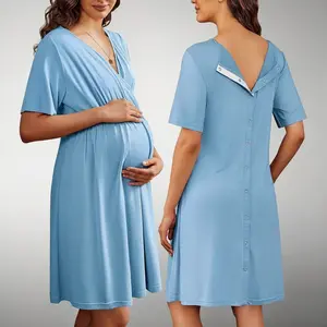 Women’s Maternity Nursing Gown - Short Sleeve V-Neck Hospital Delivery Robe - Skin-Friendly Labor & Postpartum Dress for Breastfeeding