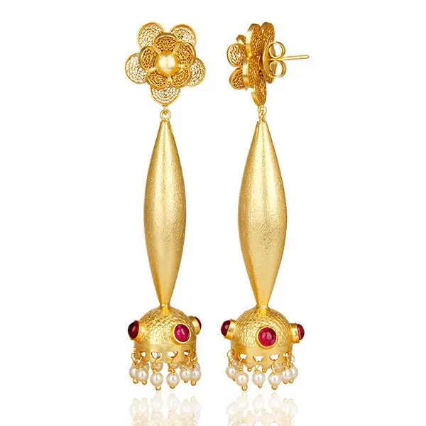 Scarlet Majesty Bollywood Jhumka –  Gold & Pearl Earrings