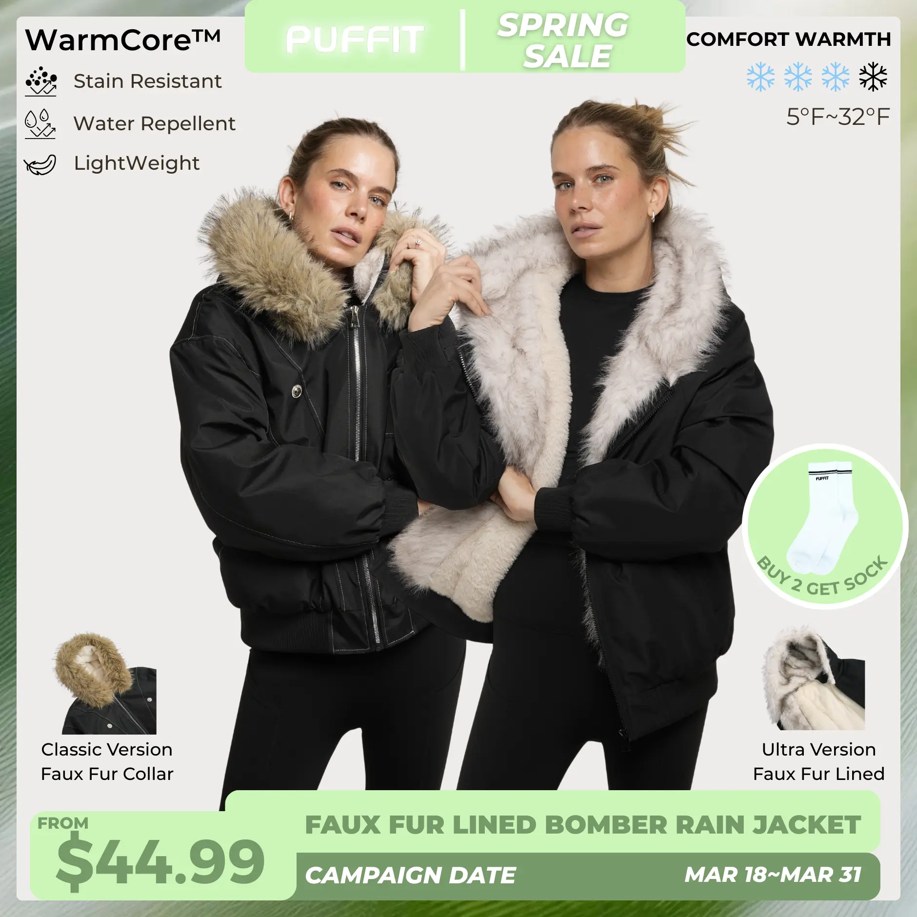 PUFFIT STM-TEX Faux Fur Lined Waterproof Bomber Parka,Elegant and ...