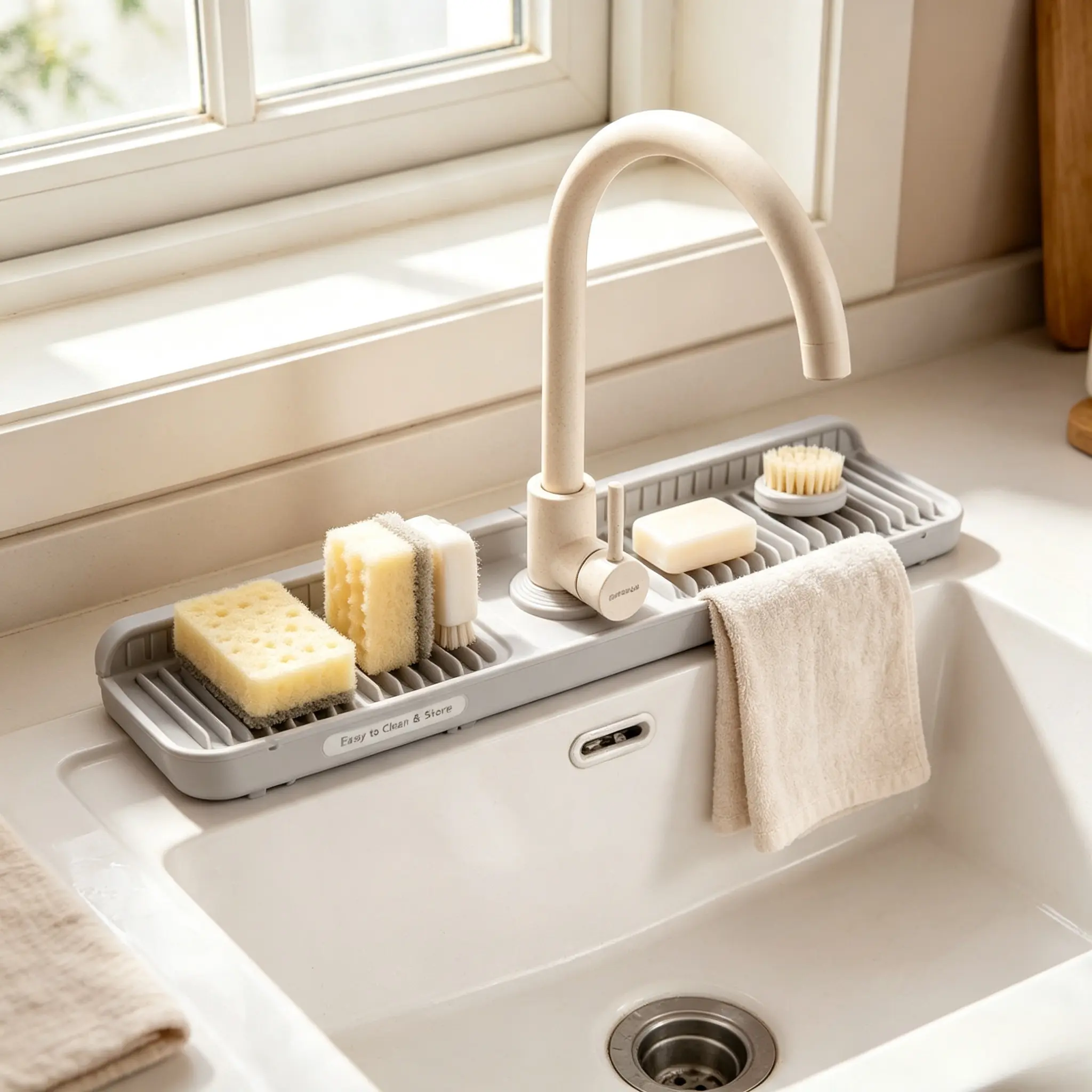 Upgraded Silicone Sink Splash Guard Behind Faucet, No More Wet Messy Counters, Multi-Use Sink Drip Catcher Organizer for Sponge Soap Dish, Fits Standard Kitchen & Bathroom Faucets