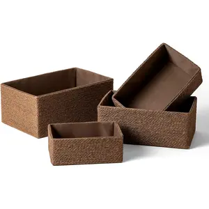 Paper Rope Woven Storage Basket Set of 4 with Fabric Liner, Stackable Multipurpose Organizer Bin, Brown