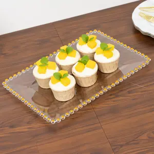 6-Pack Acrylic Serving Trays 9"x13" Clear with Gold Beaded Rim - Rectangular Food and Dessert Platters