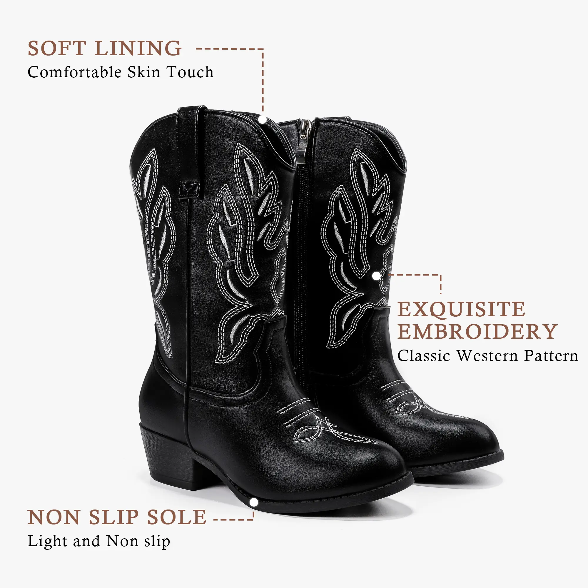 Cowgirl Boots for Little Girls Mid Calf Pointed Toe Kid Cowboy Boots Side Zipper Classic Embroidered Western Boots Horse Riding Shoes Party for Toddle