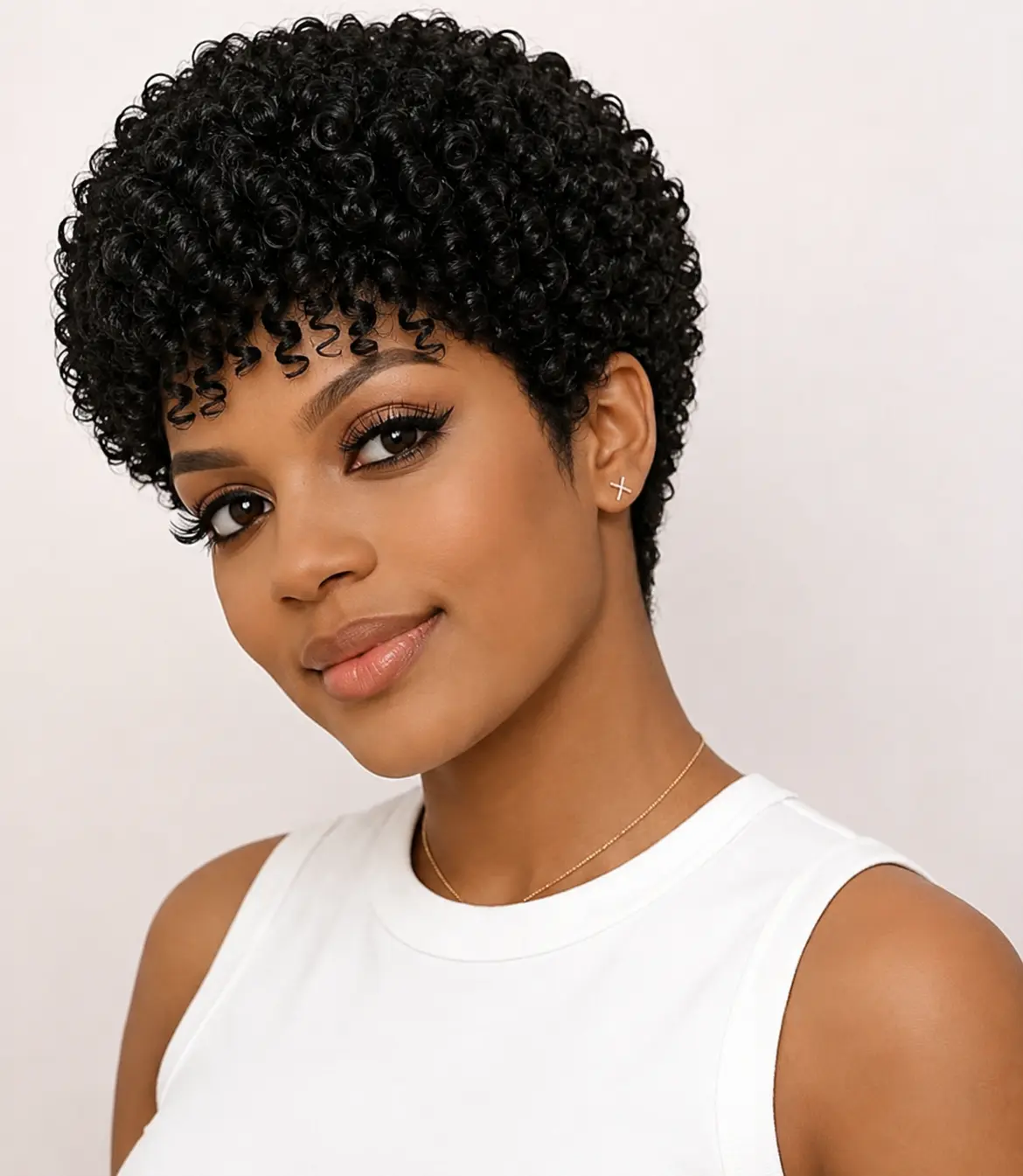 100% Brazilian Natural Black Human Hair Pixie Wig - 4-in Spiral Jerry Curl, 180% Density Rose Net Cap, Edgy Non-Lace Full Machine Wigs Human Hair, Human Hair Wig