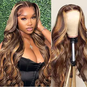 13x6 Ombre Highlight Lace Front Wigs Human Hair with Baby Hair 180 Density 4/27 Honey Blonde Body Wave Frontal Wigs Human Hair 26 Inch