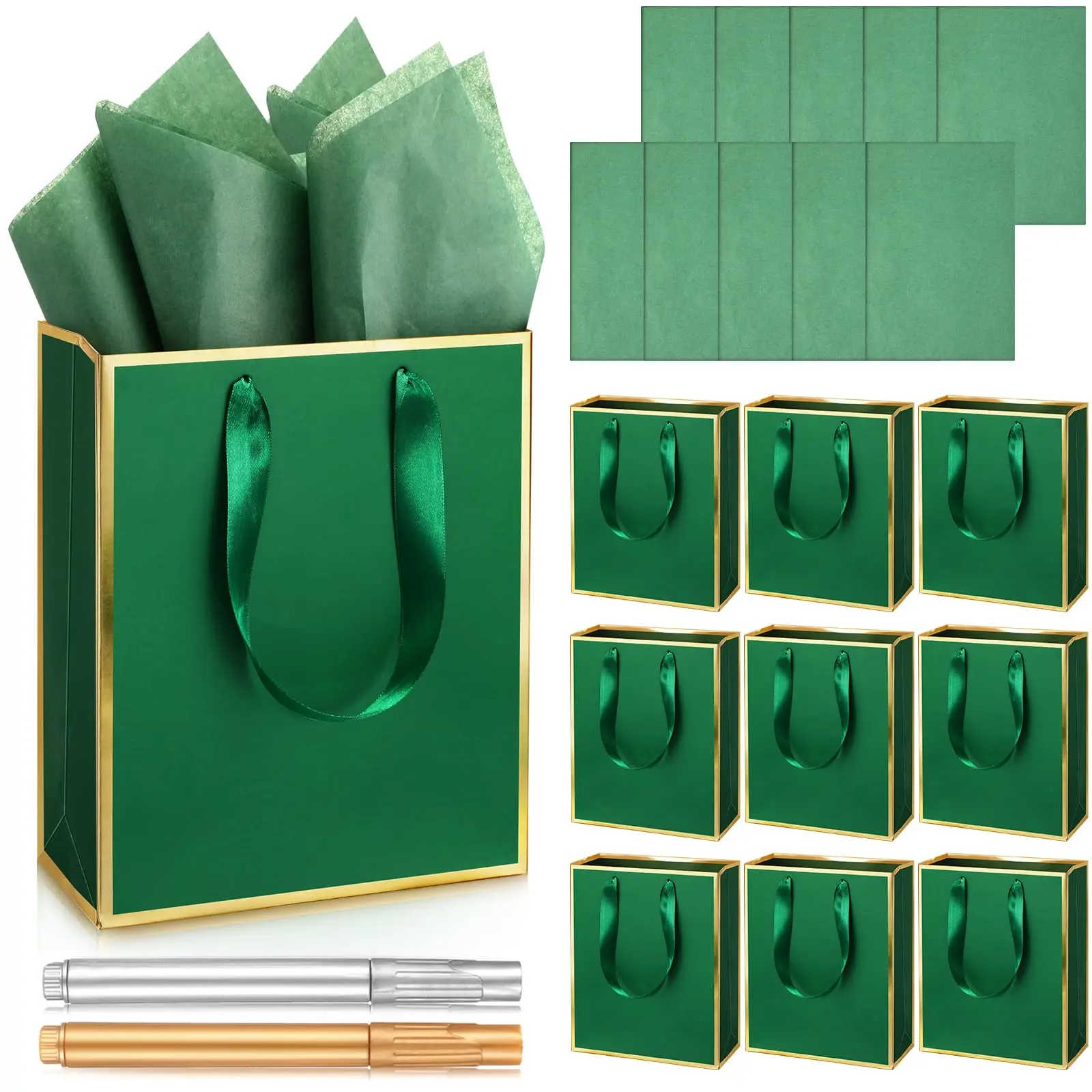 10 Pcs Wedding Metallic Paper Gift Bags with Handles Tissue Paper Thank You 5 Senses Gift Bags for Holiday Galentine Baby Shower Wedding Bridal Shower Back to School End of Year Party Favor Supplies, Creative Gift Packaging, Gift Wrapped