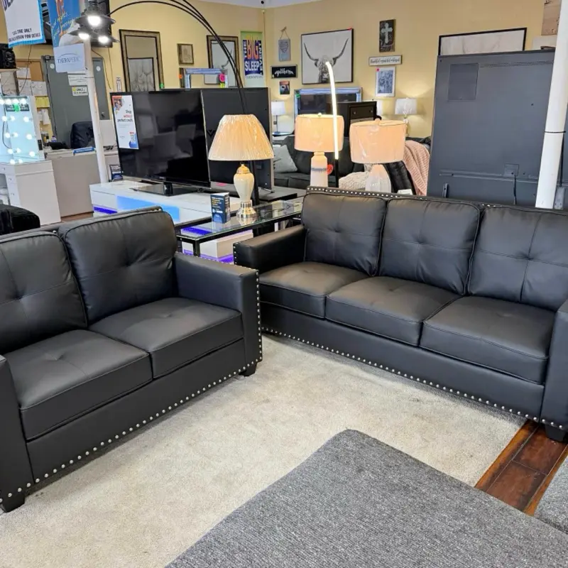 2 pc set (Sofa and Loveseat) black faux leather