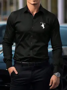 Men's Crown Print Long Sleeve Shirt, Slim Business Formal Shirt for Work Office, Men's Top for All Seasons, Casual Longsleeves Collared Menswear, Casual Stylish Menswear, Casual Fashion Shirt, Lapel Collared Shirt