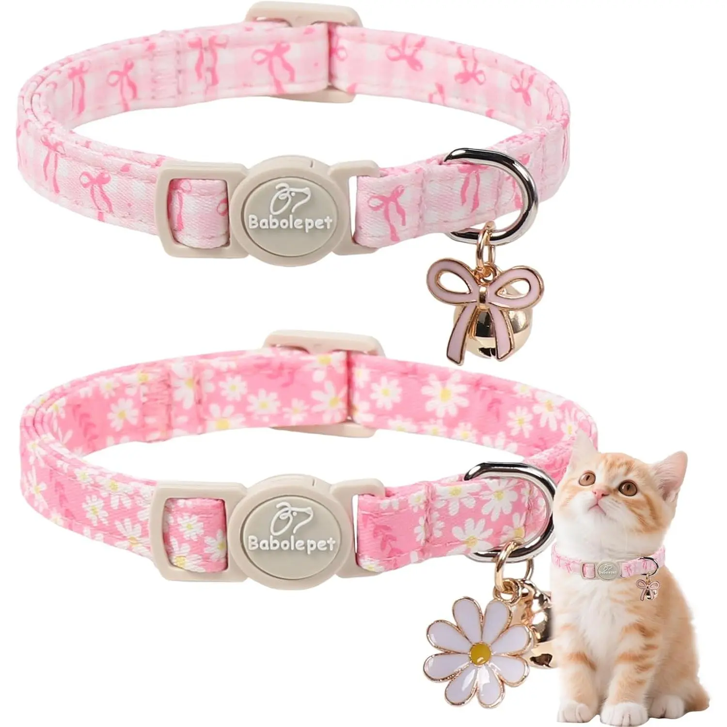 2 Pack Pink Cat Collars - Cute Bow & Daisy Breakaway Cat Collar with Bell & Matching Pendant, Soft Adjustable Spring Summer Girly Kitten Collars for Girl Cats 2 Pack Pink Cat Collars - Cute Bow & Daisy Breakaway Cat Collar with Bell & Matching Pendant, Soft Adjustable Spring Summer Girly Kitten Collars for Girl Cats
