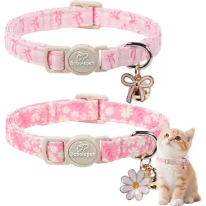 2 Pack Pink Cat Collars - Cute Bow & Daisy Breakaway Cat Collar with Bell & Matching Pendant, Soft Adjustable Spring Summer Girly Kitten Collars for Girl Cats