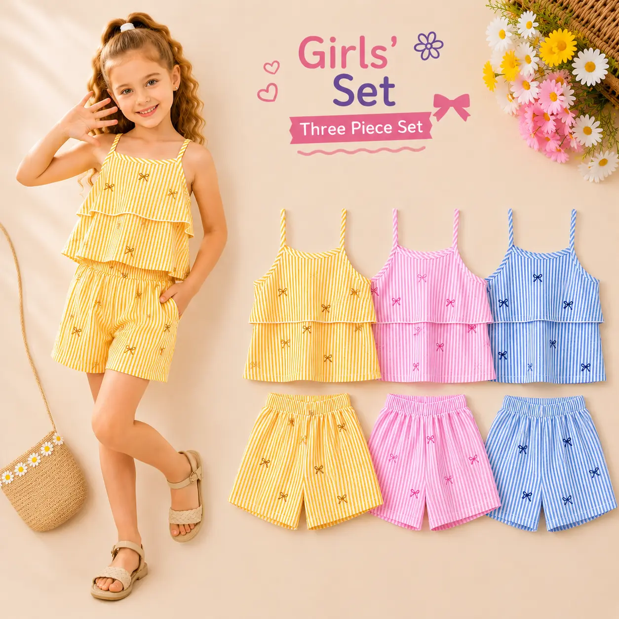 Toddler Girls 3 Outfit Sets, Summer Striped Bow Print Cami Top and Shorts Matching Sets, Cute Sleeveless Casual Beach Vacation Clothes