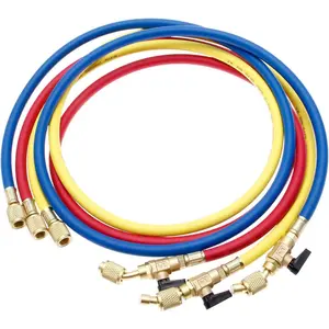 Refrigerant Charging Hose with Ball Valves for R410A R134A R12 R22 R502 R404 HVAC, 1/4'' SAE Manifold Hose Set 800 PSI Red/Yellow/Blue (3pcs)