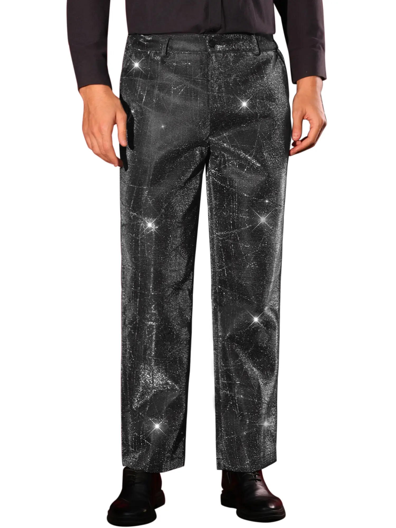INSPIRE CHIC Black Glitter Pants for Men's Irregular Printed Straight Leg Disco Party Metallic Pants