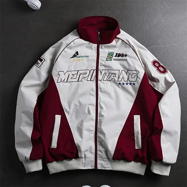 Men’s trendy color-block racing jacket, American vintage stand collar zip-up lightweight top for young men and women