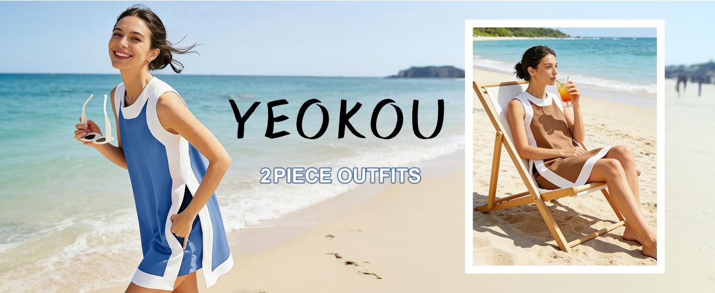 Yeokou Women's 2 Piece Outfits Sets Casual Color Block Crewneck Short Sleeveless Pullover Tops Matching Shorts with Pockets Womenswear Lightweight