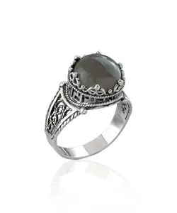 Greek Key Pattern Filigree Art Gray Moonstone Gemstone Women Silver Cocktail Ring